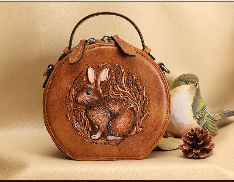 Cutest Womens Brown Leather Round Handbag Bunny Crossbody Purse Vintage Round Shoulder Bags for Women