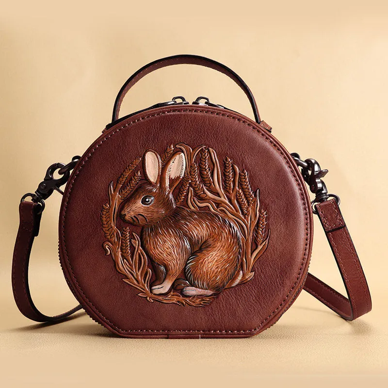 Cutest Womens Brown Leather Round Handbag Bunny Crossbody Purse Vintage Round Shoulder Bags for Women