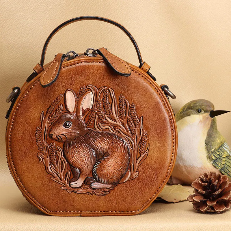 Cutest Womens Brown Leather Round Handbag Bunny Crossbody Purse Vintage Round Shoulder Bags for Women