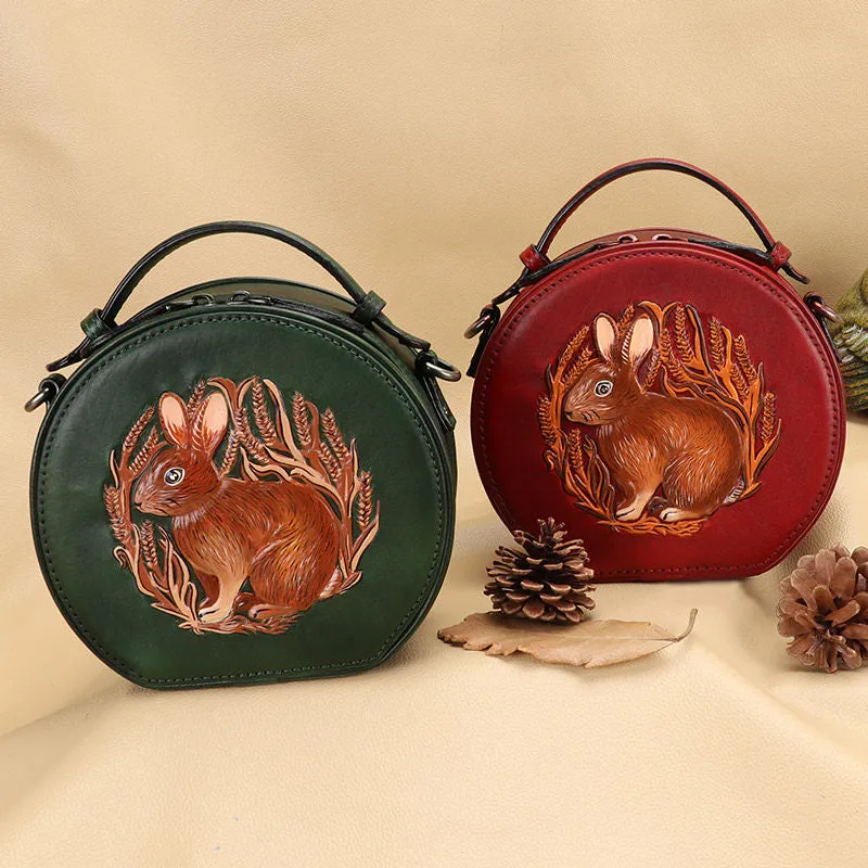 Cutest Womens Brown Leather Round Handbag Bunny Crossbody Purse Vintage Round Shoulder Bags for Women