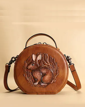 Cutest Womens Brown Leather Round Handbag Bunny Crossbody Purse Vintage Round Shoulder Bags for Women