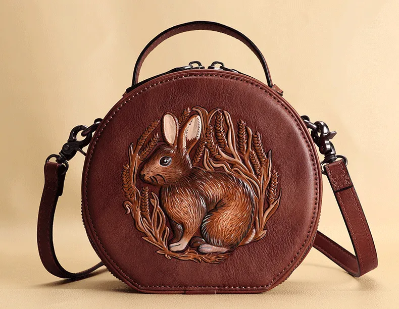 Cutest Womens Brown Leather Round Handbag Bunny Crossbody Purse Vintage Round Shoulder Bags for Women