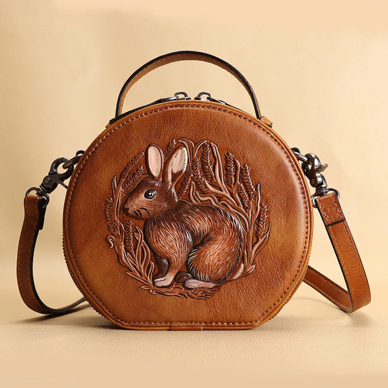 Cutest Womens Brown Leather Round Handbag Bunny Crossbody Purse Vintage Round Shoulder Bags for Women