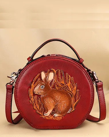 Cutest Womens Brown Leather Round Handbag Bunny Crossbody Purse Vintage Round Shoulder Bags for Women