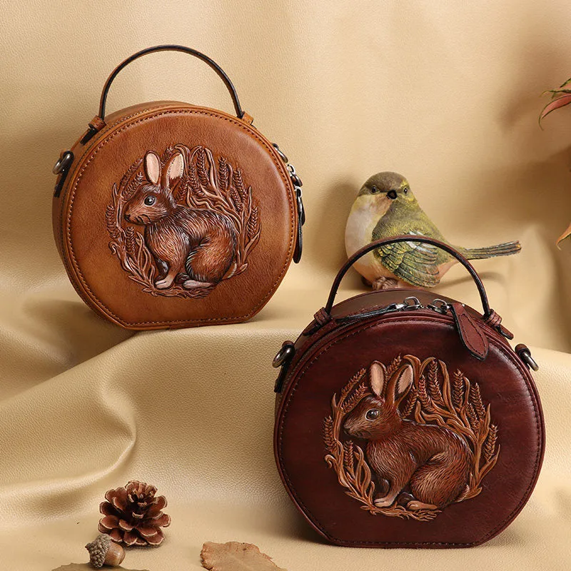 Cutest Womens Brown Leather Round Handbag Bunny Crossbody Purse Vintage Round Shoulder Bags for Women