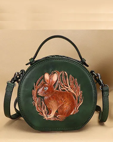 Cutest Womens Brown Leather Round Handbag Bunny Crossbody Purse Vintage Round Shoulder Bags for Women
