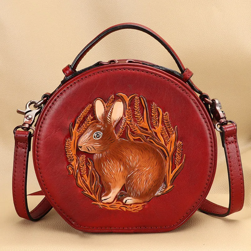 Cutest Womens Brown Leather Round Handbag Bunny Crossbody Purse Vintage Round Shoulder Bags for Women