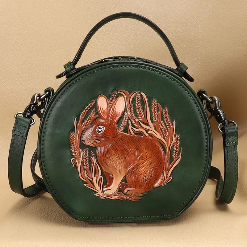 Cutest Womens Brown Leather Round Handbag Bunny Crossbody Purse Vintage Round Shoulder Bags for Women
