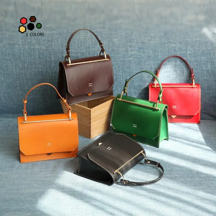Fashion Womens Black Leather Flap Over Handbag Purse Handmade Square Crossbody Bag Shoulder Bag Purse
