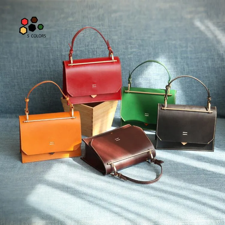Fashion Womens Black Leather Flap Over Handbag Purse Handmade Square Crossbody Bag Shoulder Bag Purse