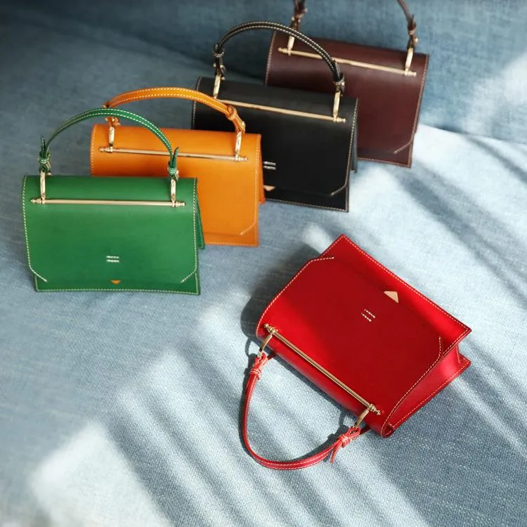 Fashion Womens Black Leather Flap Over Handbag Purse Handmade Square Crossbody Bag Shoulder Bag Purse