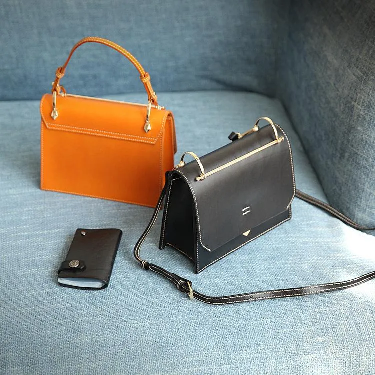 Fashion Womens Black Leather Flap Over Handbag Purse Handmade Square Crossbody Bag Shoulder Bag Purse