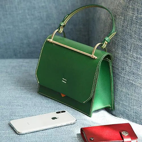Fashion Womens Black Leather Flap Over Handbag Purse Handmade Square Crossbody Bag Shoulder Bag Purse
