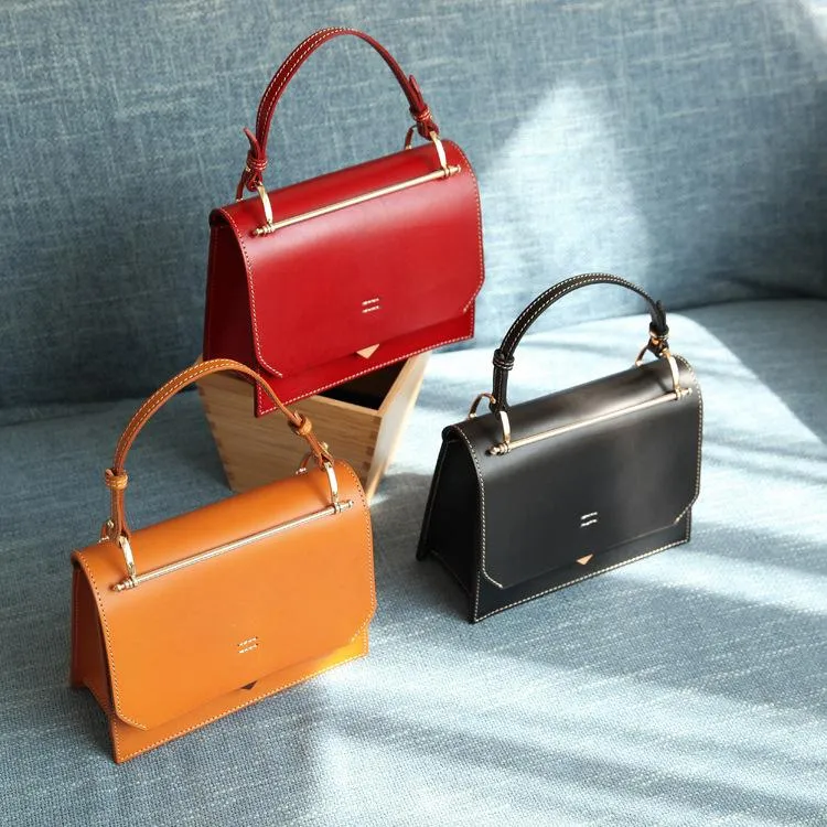 Fashion Womens Black Leather Flap Over Handbag Purse Handmade Square Crossbody Bag Shoulder Bag Purse