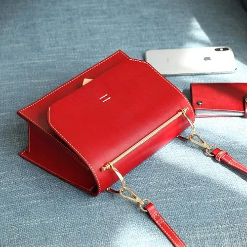 Fashion Womens Black Leather Flap Over Handbag Purse Handmade Square Crossbody Bag Shoulder Bag Purse