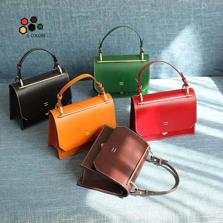 Fashion Womens Black Leather Flap Over Handbag Purse Handmade Square Crossbody Bag Shoulder Bag Purse