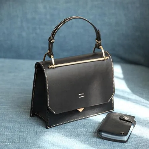 Fashion Womens Black Leather Flap Over Handbag Purse Handmade Square Crossbody Bag Shoulder Bag Purse