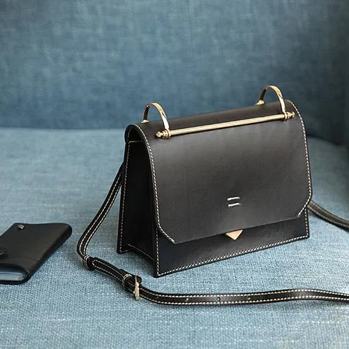 Fashion Womens Black Leather Flap Over Handbag Purse Handmade Square Crossbody Bag Shoulder Bag Purse