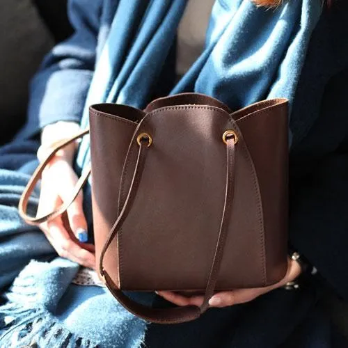 Fashion womens leather Brown Bucket Shoulder Bag Bucket Side Bag Crossbody Purse for Ladies