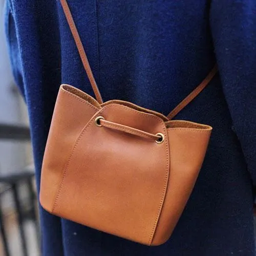 Fashion womens leather Brown Bucket Shoulder Bag Bucket Side Bag Crossbody Purse for Ladies