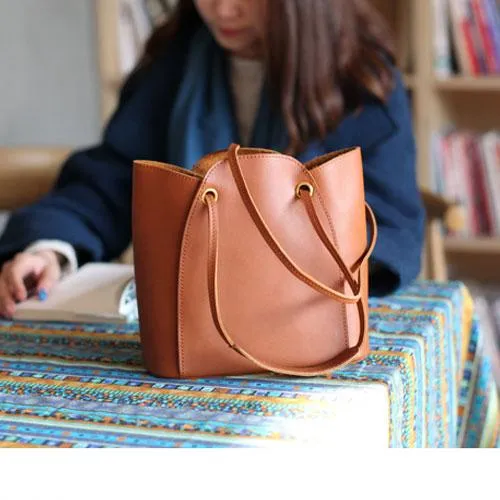 Fashion womens leather Brown Bucket Shoulder Bag Bucket Side Bag Crossbody Purse for Ladies