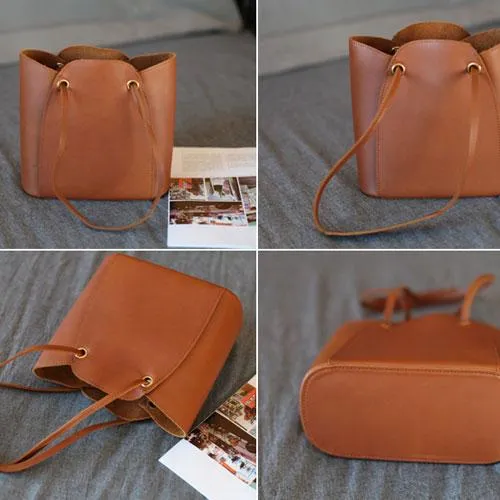 Fashion womens leather Brown Bucket Shoulder Bag Bucket Side Bag Crossbody Purse for Ladies