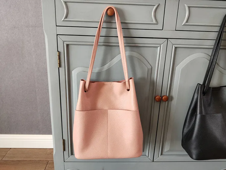 Fashion Womens White Leather Tote Bag Vertical Green Shoulder Tote Bag Bucket Tote For Women
