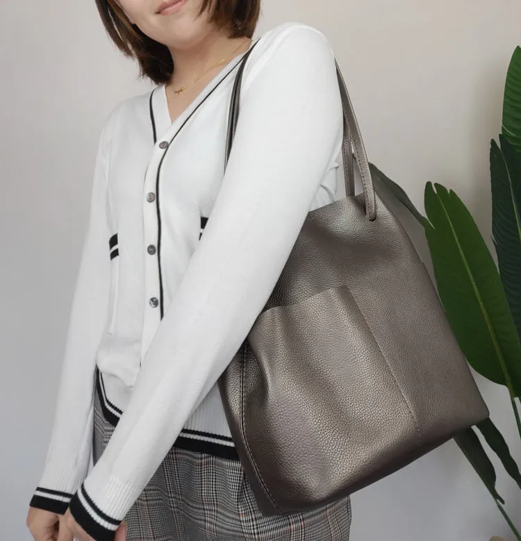 Fashion Womens White Leather Tote Bag Vertical Green Shoulder Tote Bag Bucket Tote For Women
