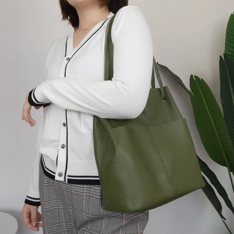 Fashion Womens White Leather Tote Bag Vertical Green Shoulder Tote Bag Bucket Tote For Women