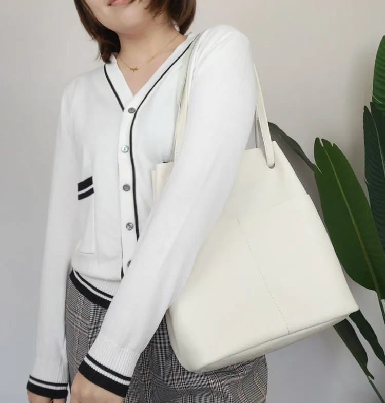 Fashion Womens White Leather Tote Bag Vertical Green Shoulder Tote Bag Bucket Tote For Women