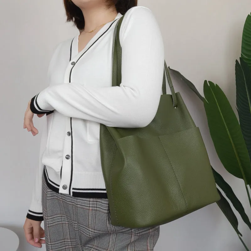 Fashion Womens White Leather Tote Bag Vertical Green Shoulder Tote Bag Bucket Tote For Women