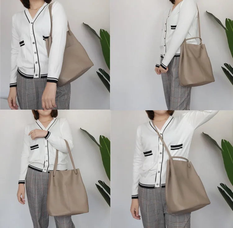 Fashion Womens White Leather Tote Bag Vertical Green Shoulder Tote Bag Bucket Tote For Women