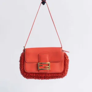 FENDI - BAG BAGUETTE SMALL RED NAPPA LEATHER PEARL EMBROIDERY