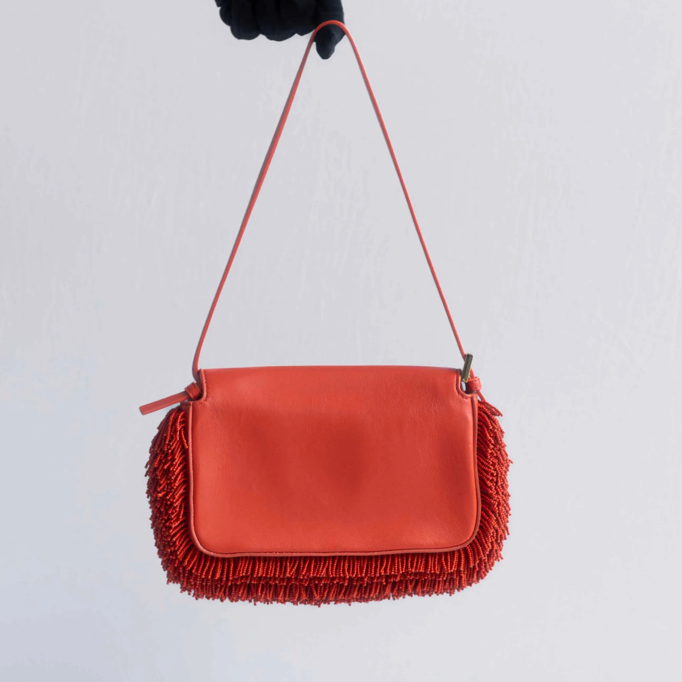 FENDI - BAG BAGUETTE SMALL RED NAPPA LEATHER PEARL EMBROIDERY