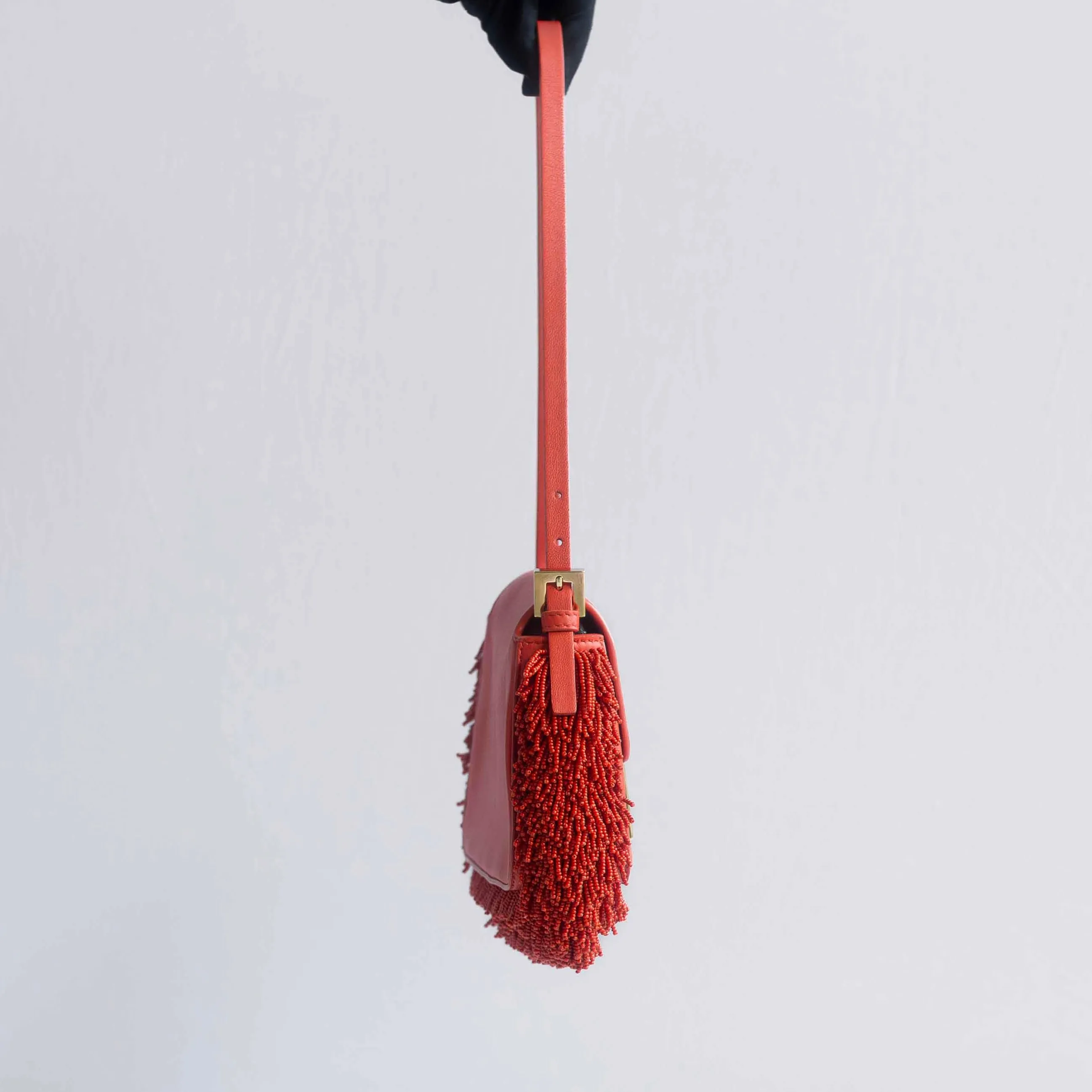 FENDI - BAG BAGUETTE SMALL RED NAPPA LEATHER PEARL EMBROIDERY