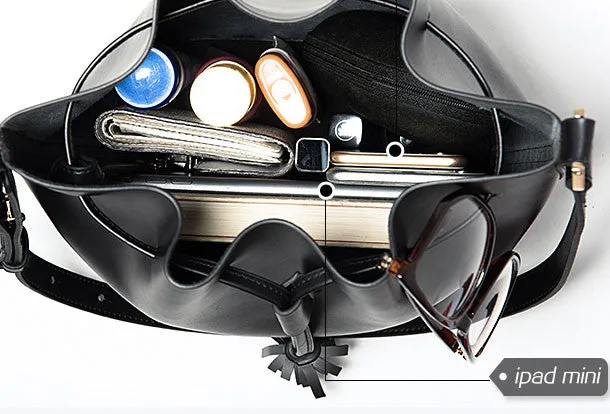 Genuine Black Leather bucket bag shoulder bag for women leather Barrel crossbody bag
