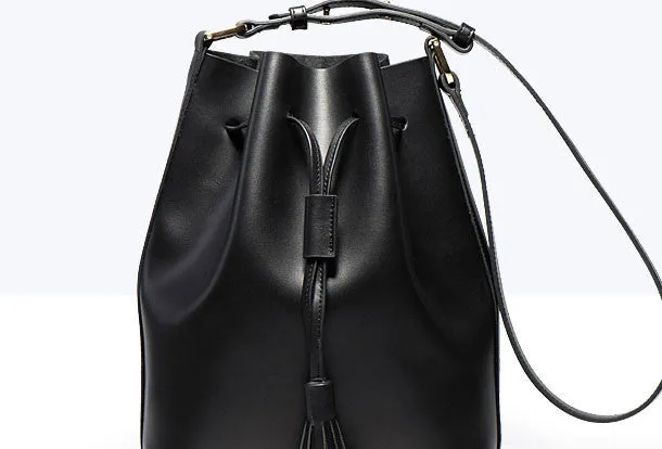 Genuine Black Leather bucket bag shoulder bag for women leather Barrel crossbody bag