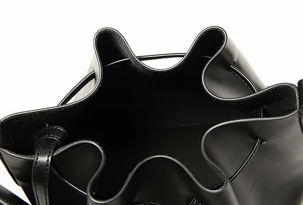 Genuine Black Leather bucket bag shoulder bag for women leather Barrel crossbody bag