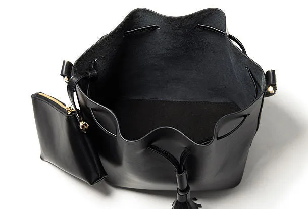 Genuine Black Leather bucket bag shoulder bag for women leather Barrel crossbody bag