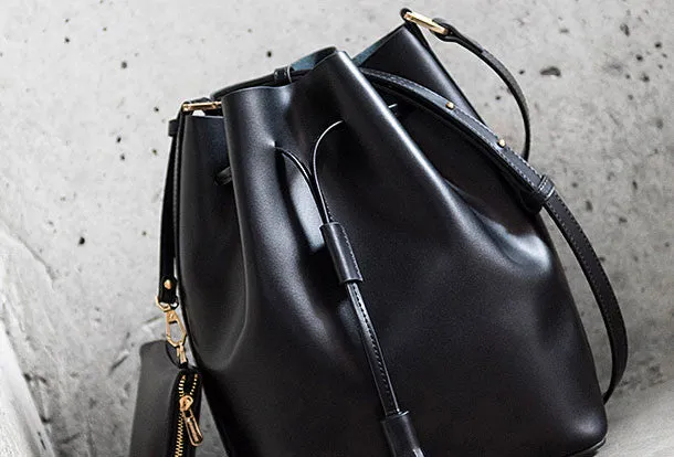 Genuine Black Leather bucket bag shoulder bag for women leather Barrel crossbody bag
