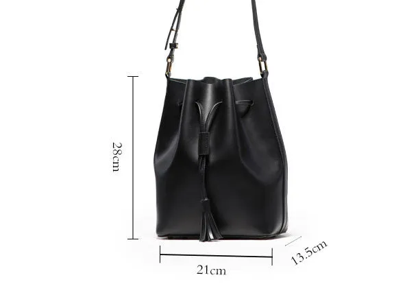 Genuine Black Leather bucket bag shoulder bag for women leather Barrel crossbody bag
