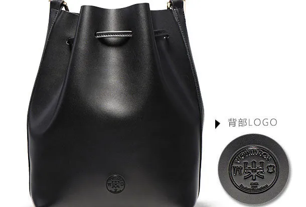 Genuine Black Leather bucket bag shoulder bag for women leather Barrel crossbody bag