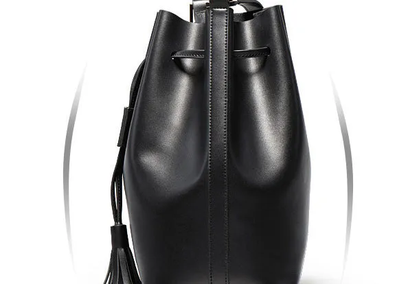 Genuine Black Leather bucket bag shoulder bag for women leather Barrel crossbody bag
