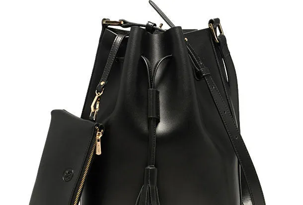 Genuine Black Leather bucket bag shoulder bag for women leather Barrel crossbody bag