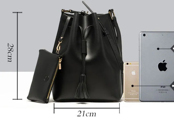 Genuine Black Leather bucket bag shoulder bag for women leather Barrel crossbody bag