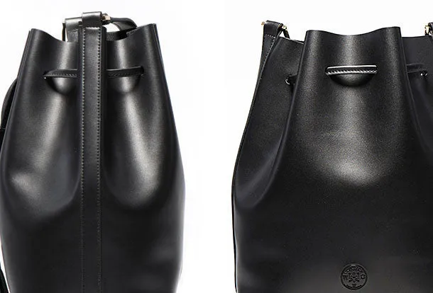 Genuine Black Leather bucket bag shoulder bag for women leather Barrel crossbody bag