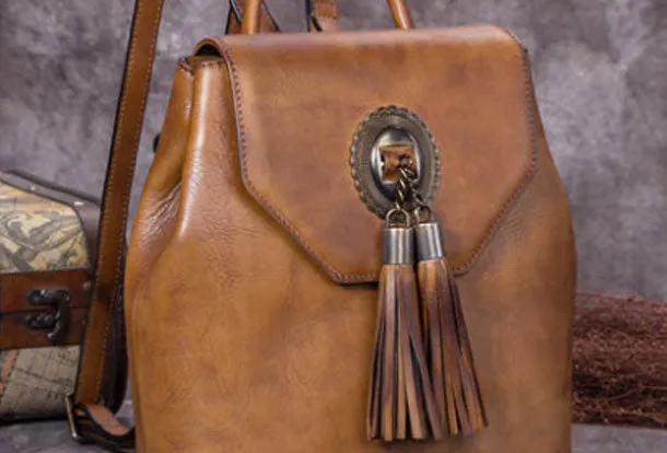 Genuine Handmade Leather Backpack Bag Tassel Vintage Shoulder Bag Women Leather Purse