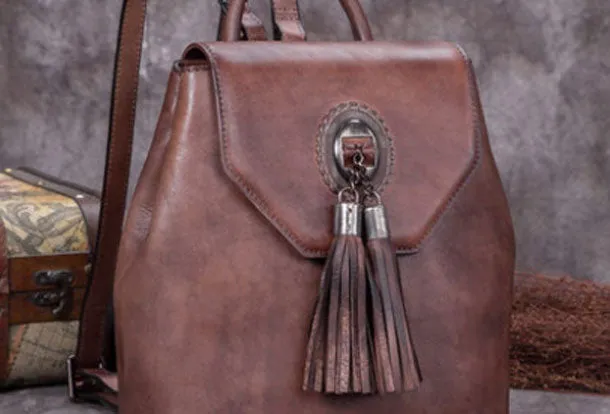 Genuine Handmade Leather Backpack Bag Tassel Vintage Shoulder Bag Women Leather Purse