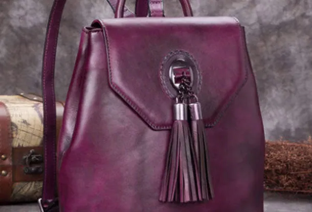 Genuine Handmade Leather Backpack Bag Tassel Vintage Shoulder Bag Women Leather Purse