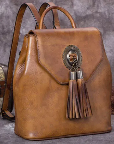Genuine Handmade Leather Backpack Bag Tassel Vintage Shoulder Bag Women Leather Purse